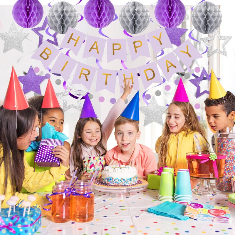 meowtastic Birthday Decorations, Happy Birthday Banner with Honeycomb Ball, Star Hanging Swirl Streamer, Circle Dot Garland, Happy Birthday Party Decoration for Women Men Boys Girls (Purple & Silver) - Image 3