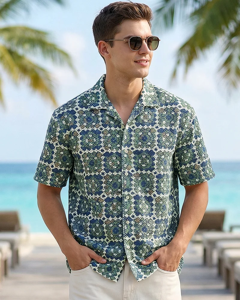 بيواكوف Men's Blue & Green Textured All Over Printed Oversized Lace Shirt