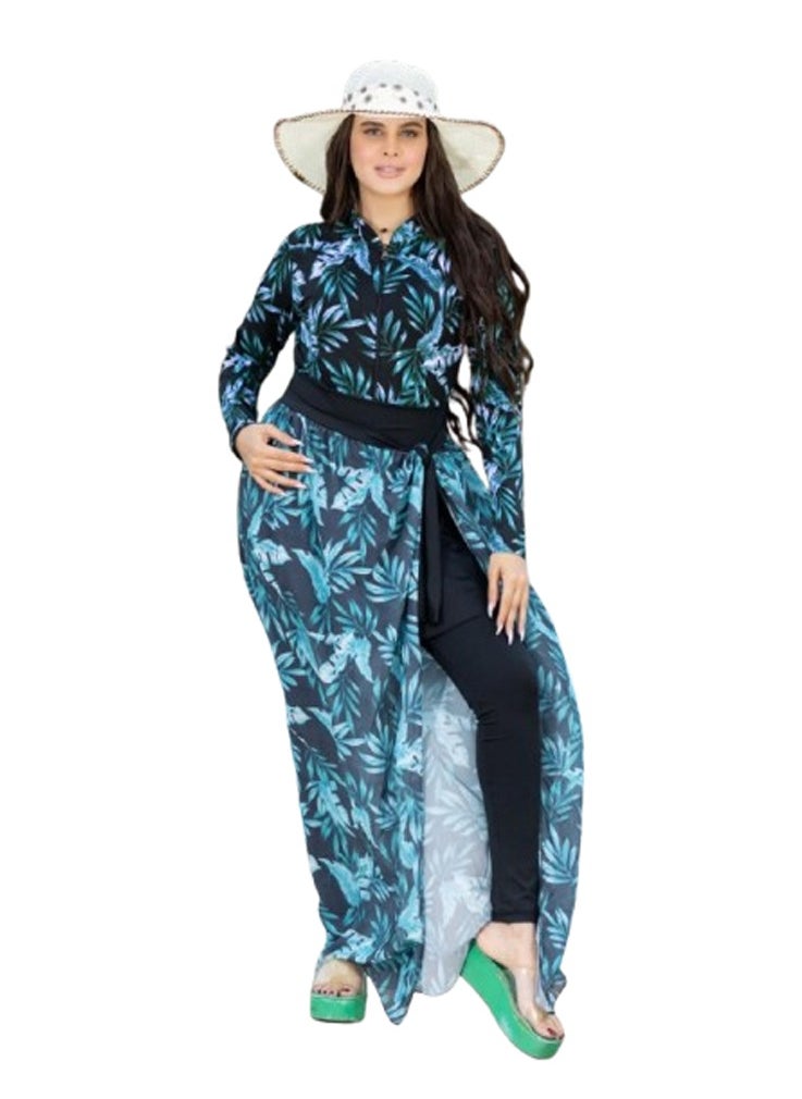 Generic Women's swimsuit set - Turquoise leaf pattern 