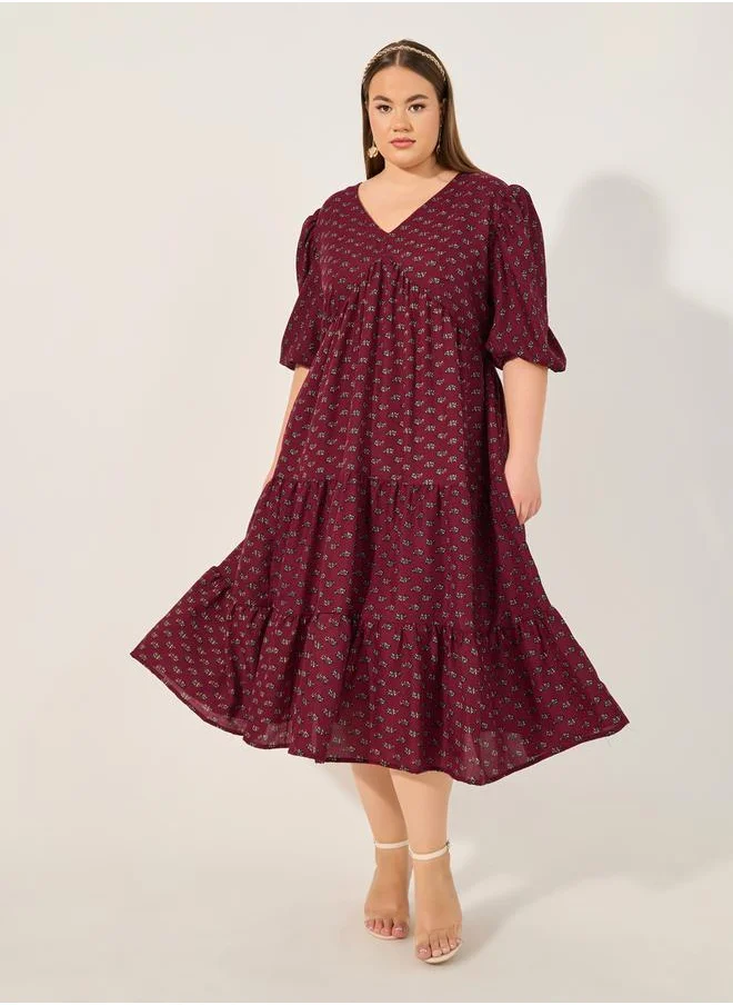 ستايلي Plus Size Floral Print V Neck Tiered Midi Dress