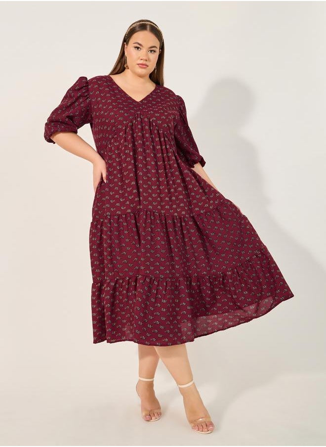 Styli - Plus Size Floral Print V Neck Tiered Midi Dress - Image 1