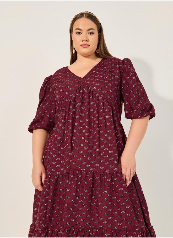 Styli - Plus Size Floral Print V Neck Tiered Midi Dress - Image 1