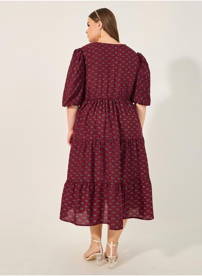 Styli - Plus Size Floral Print V Neck Tiered Midi Dress - Image 1