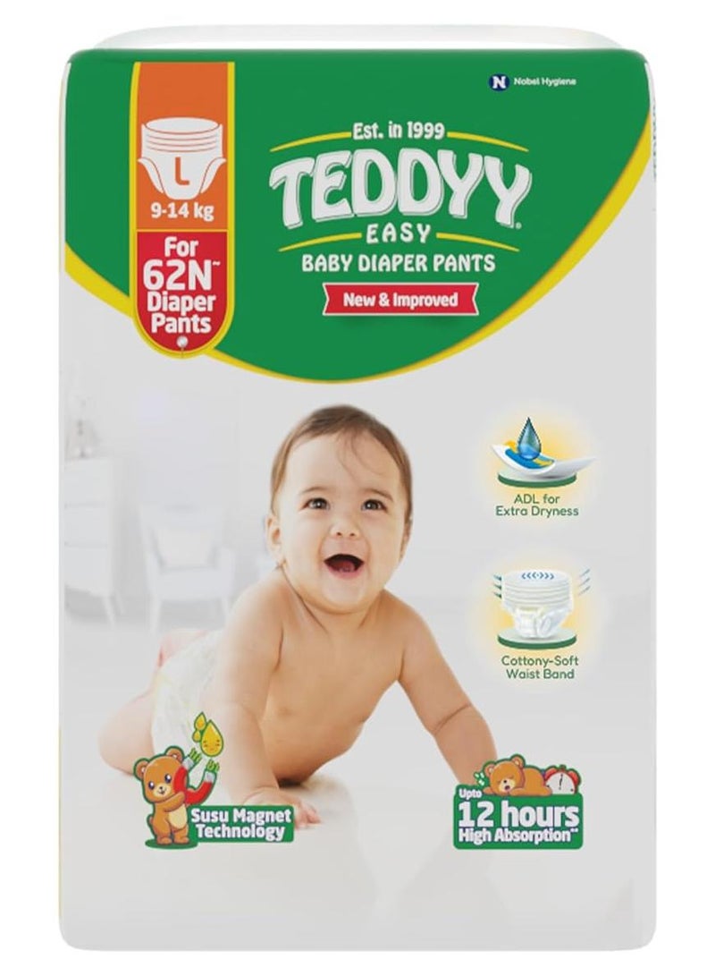 Teddyy حفاضات بيبي إيزي بانت كبيرة 62 قطعة (عبوة من 1)، 9-14 كجم، حماية من التسرب لمدة 10 ساعات، مضادة للبكتيريا - Image 1