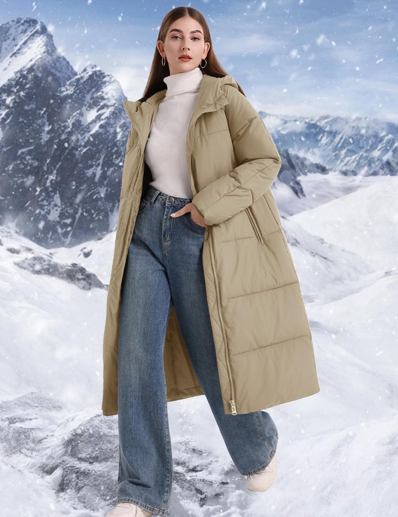 Flygo Womens Hooded Long Puffer Coat Winter Jackets Coats Warm Maxi Long Sleeve Zip Padded Down Cocoon Outerwear(Khaki-L) - Image 2