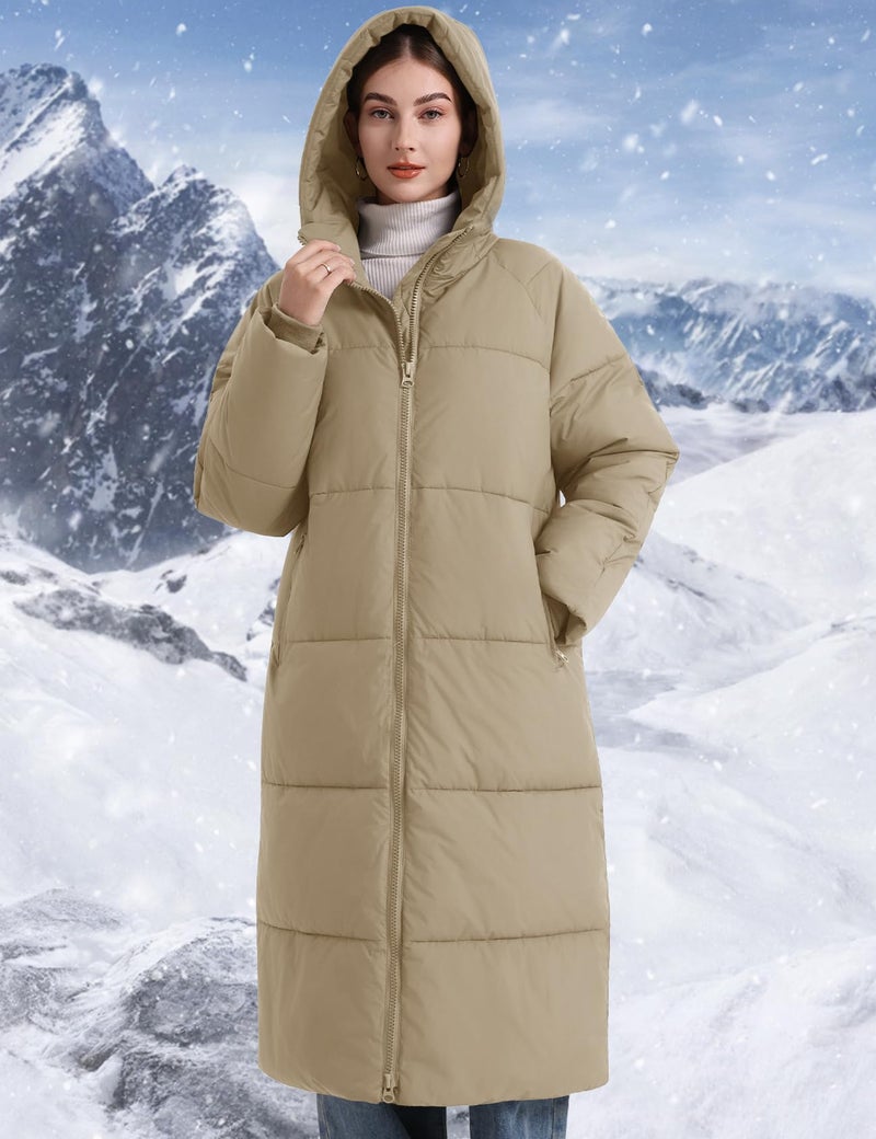 Flygo Womens Hooded Long Puffer Coat Winter Jackets Coats Warm Maxi Long Sleeve Zip Padded Down Cocoon Outerwear(Khaki-L) - Image 5