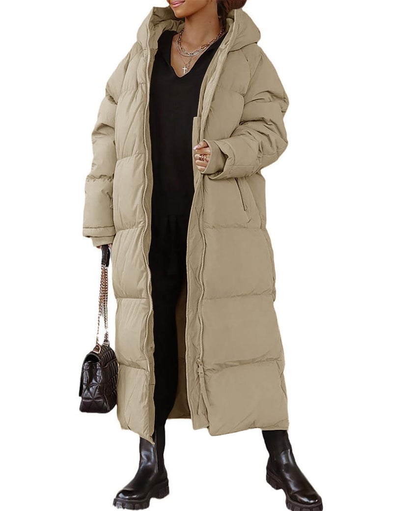 Flygo Womens Hooded Long Puffer Coat Winter Jackets Coats Warm Maxi Long Sleeve Zip Padded Down Cocoon Outerwear(Khaki-L) - Image 1