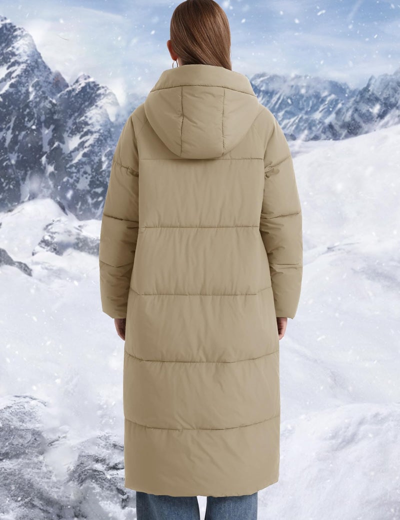 Flygo Womens Hooded Long Puffer Coat Winter Jackets Coats Warm Maxi Long Sleeve Zip Padded Down Cocoon Outerwear(Khaki-L) - Image 3