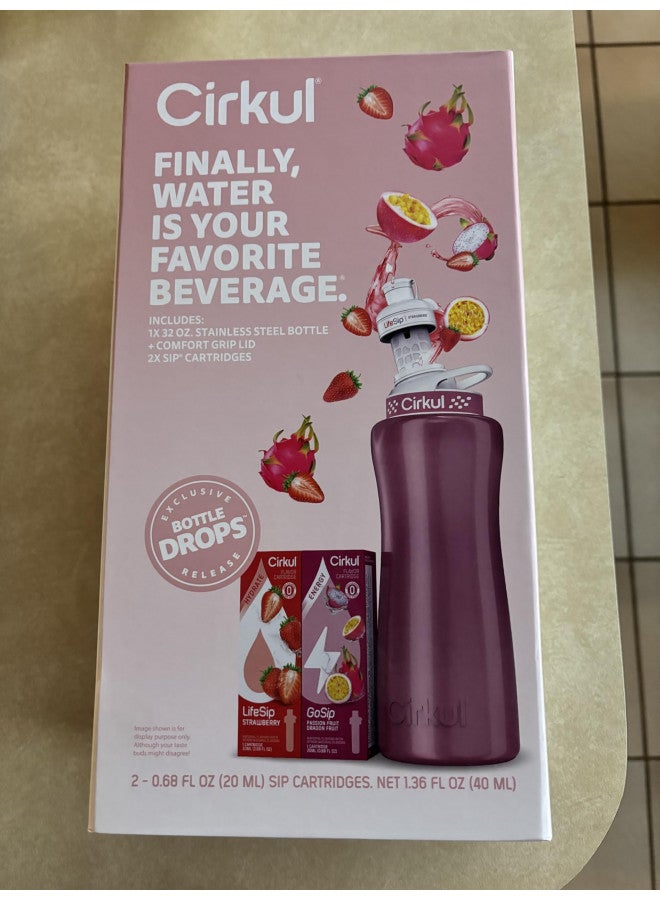 Cirkul 32oz. Rose Gold Stainless Steel Water Bottle Starter Kit with Rose Gold Lid and 2 Flavor Cartridges (1 LifeSip Strawberry, 1 GoSip Passion Fruit Dragon Fruit) Zero Calorie and No Sugar