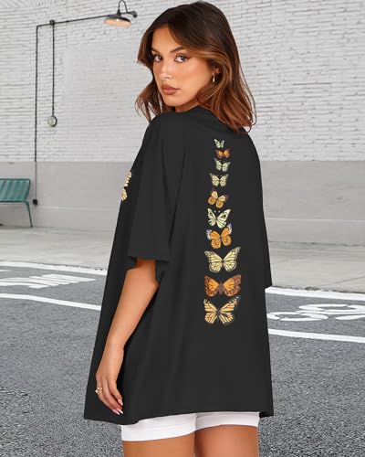 rosemia Womens Oversized Tshirt Graphic Tees Crew Neck Summer Short Sleeve Loose Fit Tops (A-Butterfly Print Black, L) - Image 3