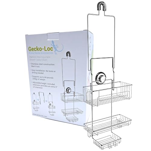 Gecko-Loc Extra Long Adjustable Length over the showerhead hanging shower caddy - bathroom caddies - for Shampoo, Soap, & Razors - Silver - Image 1