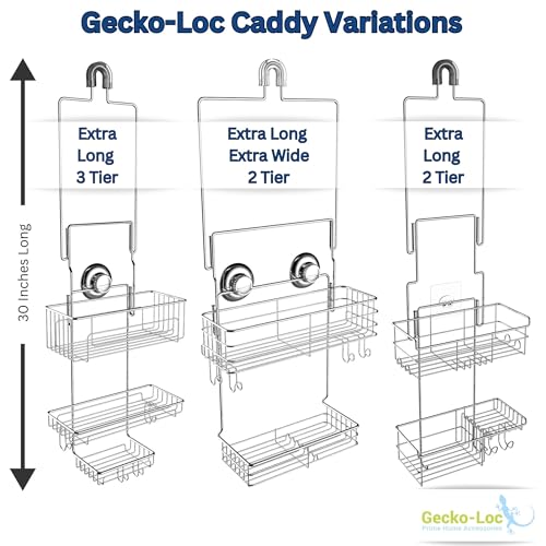 Gecko-Loc Extra Long Adjustable Length over the showerhead hanging shower caddy - bathroom caddies - for Shampoo, Soap, & Razors - Silver - Image 5