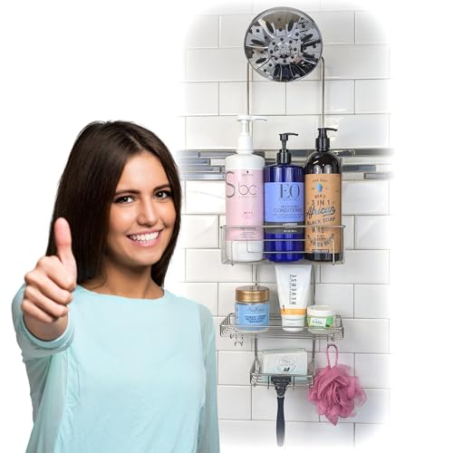 Gecko-Loc Extra Long Adjustable Length over the showerhead hanging shower caddy - bathroom caddies - for Shampoo, Soap, & Razors - Silver - Image 2