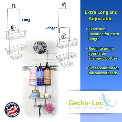 Gecko-Loc Extra Long Adjustable Length over the showerhead hanging shower caddy - bathroom caddies - for Shampoo, Soap, & Razors - Silver - Image 3