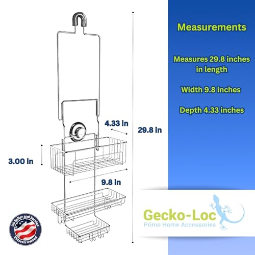 Gecko-Loc Extra Long Adjustable Length over the showerhead hanging shower caddy - bathroom caddies - for Shampoo, Soap, & Razors - Silver - Image 4