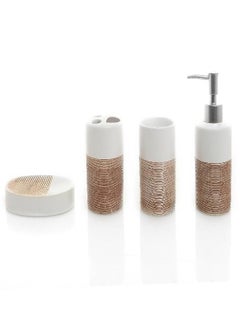 MyGift MyGift Bathroom Accessories Set, Deluxe 4 Piece White & Beige Ceramic Bath Accessory Set with Soap Pump Dispenser, Toothbrush Holder, Tumbler & Soap Dish  - Image 2