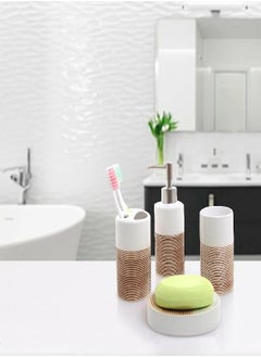MyGift MyGift Bathroom Accessories Set, Deluxe 4 Piece White & Beige Ceramic Bath Accessory Set with Soap Pump Dispenser, Toothbrush Holder, Tumbler & Soap Dish  - Image 3