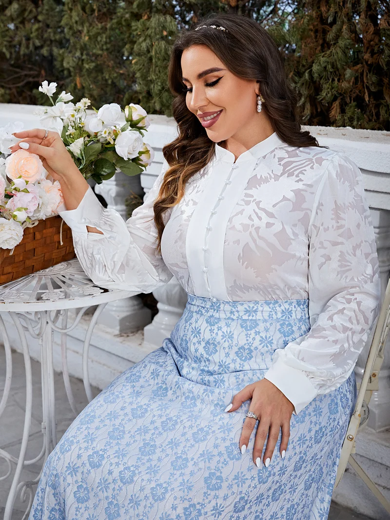 Simplee Plus Size Women Stand Collar Long Sleeve Floral Shirt And Ditsy Floral Midi Skirt Two Piece Set Casual Vacation Outfit