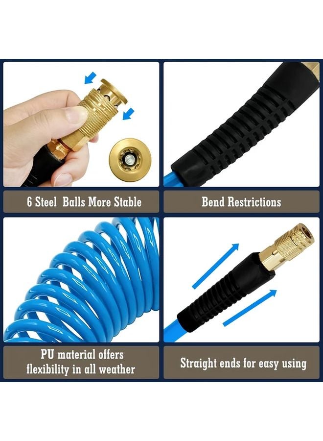 25 Ft Blue Coiled PU Air Hose with 1 4in Quick Connect Fittings Bend Restrictor - Image 5