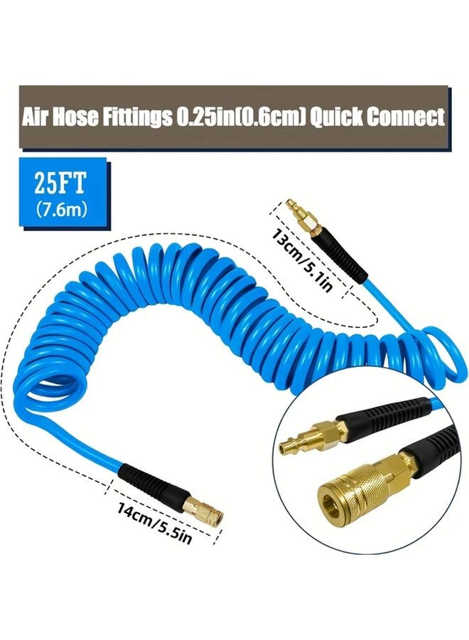 25 Ft Blue Coiled PU Air Hose with 1 4in Quick Connect Fittings Bend Restrictor - Image 4