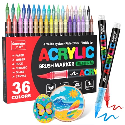 Guangna Acrylic Paint Markers Brush Tip 36 Vivid Colors with DirectLiquid Ink Control System ProfessionalGrade Paint Pen for Rock Painting Canvas Glass Plastic Fabric Eggs - Image 1