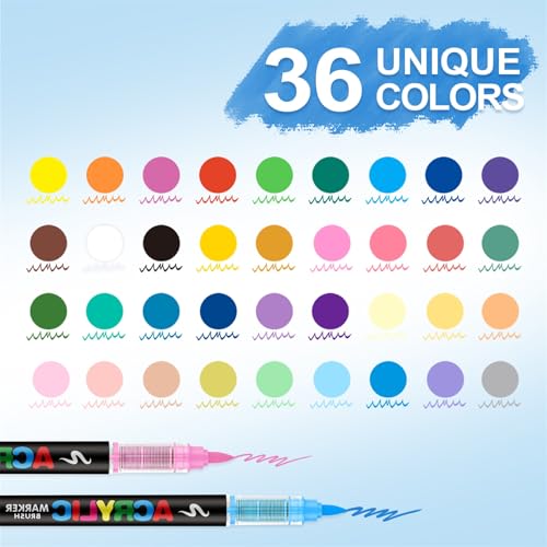 Guangna Acrylic Paint Markers Brush Tip 36 Vivid Colors with DirectLiquid Ink Control System ProfessionalGrade Paint Pen for Rock Painting Canvas Glass Plastic Fabric Eggs - Image 3