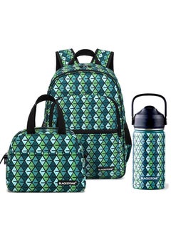 BLACKSTONE 3-Piece School Bag Backpack Set with Luxury Stripe for Kids - Large Capacity Student Bookbag, Includes Backpack, Lunch Bag, and Water Bottle 400ml Green  - Image 1