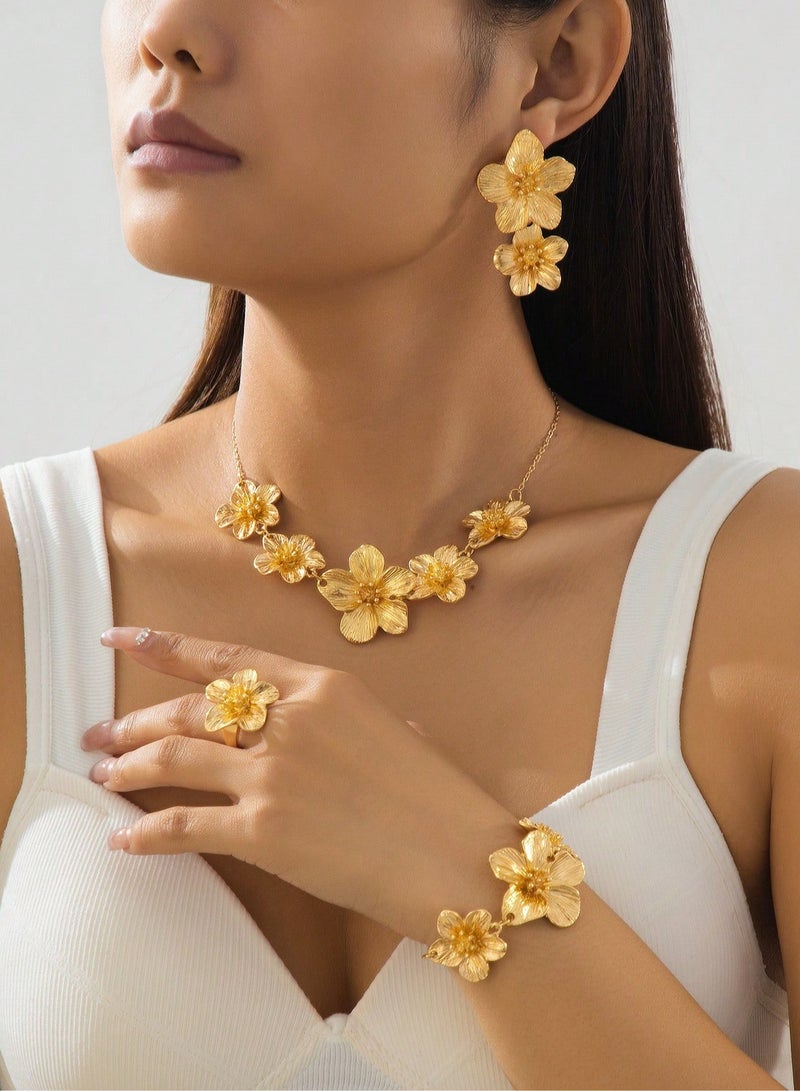 Women's accessory set consisting of a necklace, earrings, bracelet, and ring in a gold-plated floral design. Suitable for weddings, engagements, birthday gifts, Mother's Day gifts, Valentine's Day gifts, and all special occasions.  - Image 1