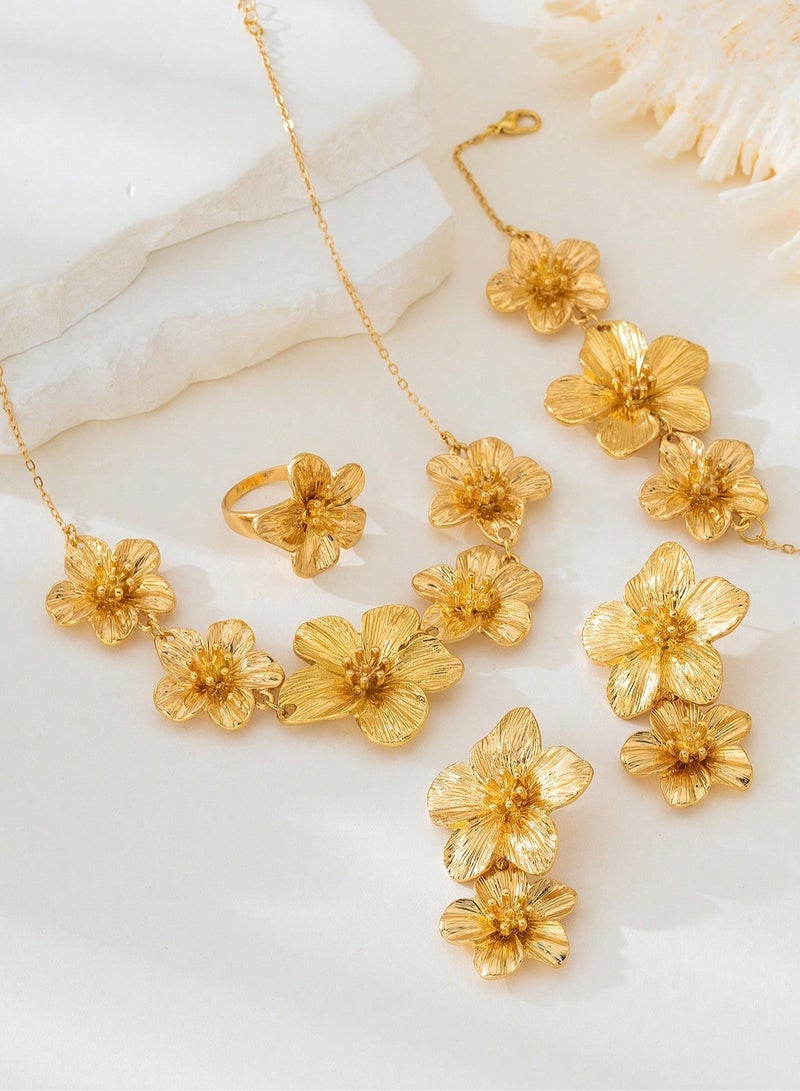 Women's accessory set consisting of a necklace, earrings, bracelet, and ring in a gold-plated floral design. Suitable for weddings, engagements, birthday gifts, Mother's Day gifts, Valentine's Day gifts, and all special occasions.  - Image 2