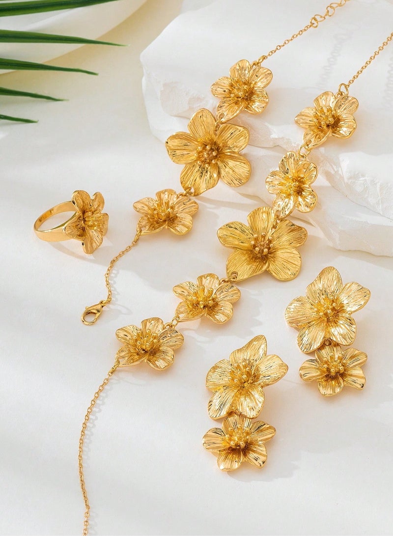 Women's accessory set consisting of a necklace, earrings, bracelet, and ring in a gold-plated floral design. Suitable for weddings, engagements, birthday gifts, Mother's Day gifts, Valentine's Day gifts, and all special occasions.  - Image 3