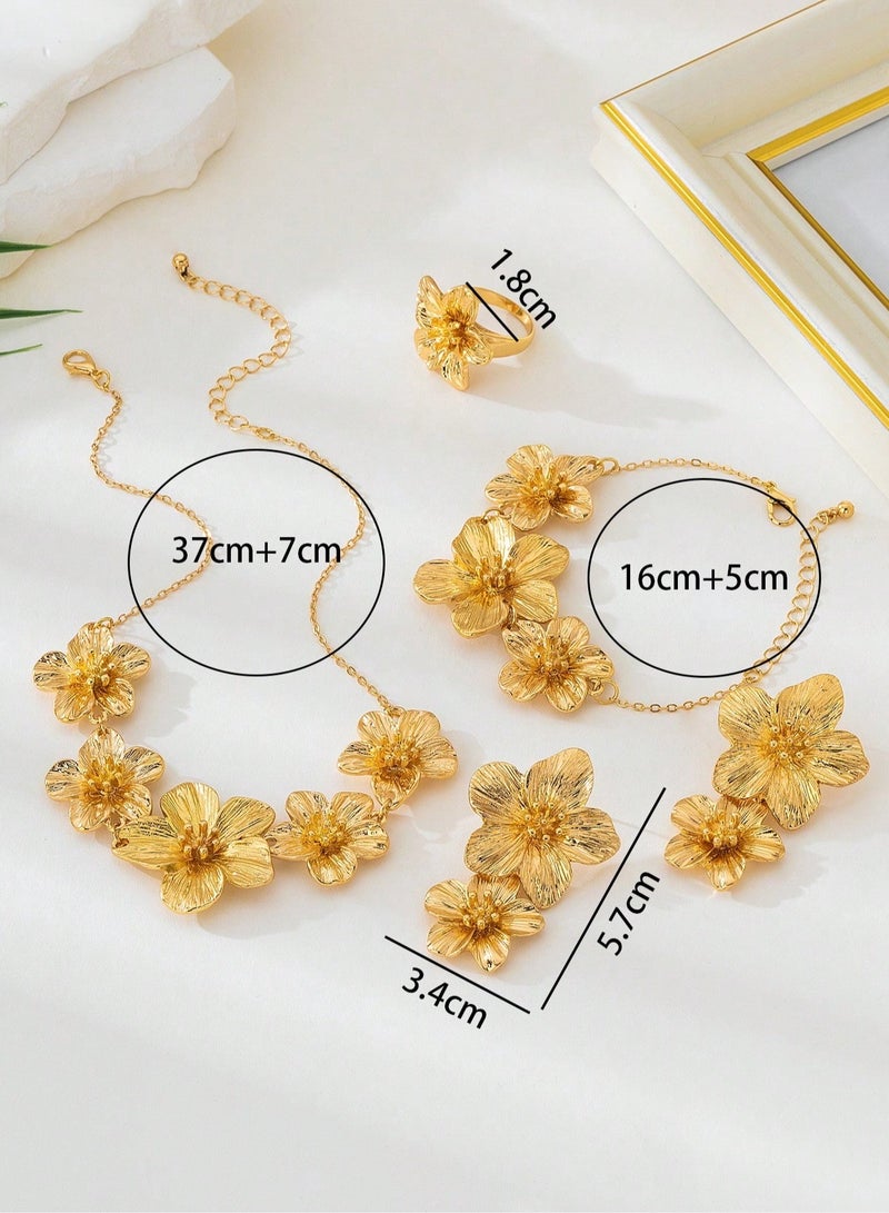 Women's accessory set consisting of a necklace, earrings, bracelet, and ring in a gold-plated floral design. Suitable for weddings, engagements, birthday gifts, Mother's Day gifts, Valentine's Day gifts, and all special occasions.  - Image 5