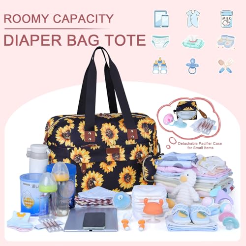 Pritent Diaper Bag Tote - Diaper Baby Bags with Pacifier Case, Shoulder Straps, Stroller Clips, Waterproof Large Mommy Bag Maternity Bag Travel Baby Bag for Mom and Dad, Sunflower - Image 2