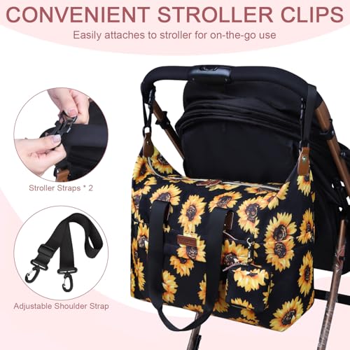 Pritent Diaper Bag Tote - Diaper Baby Bags with Pacifier Case, Shoulder Straps, Stroller Clips, Waterproof Large Mommy Bag Maternity Bag Travel Baby Bag for Mom and Dad, Sunflower - Image 5