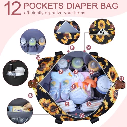 Pritent Diaper Bag Tote - Diaper Baby Bags with Pacifier Case, Shoulder Straps, Stroller Clips, Waterproof Large Mommy Bag Maternity Bag Travel Baby Bag for Mom and Dad, Sunflower - Image 3