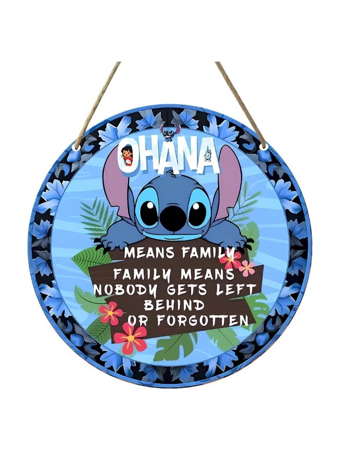 ILovhaprty Lilo & Stitch Wooden Welcome Sign for Front Door – 20×20 cm Round Hanging Plaque with Strong Rope, Ohana Family Quote Wall Decor for Home, Porch, Bedroom & Entryway - Image 1