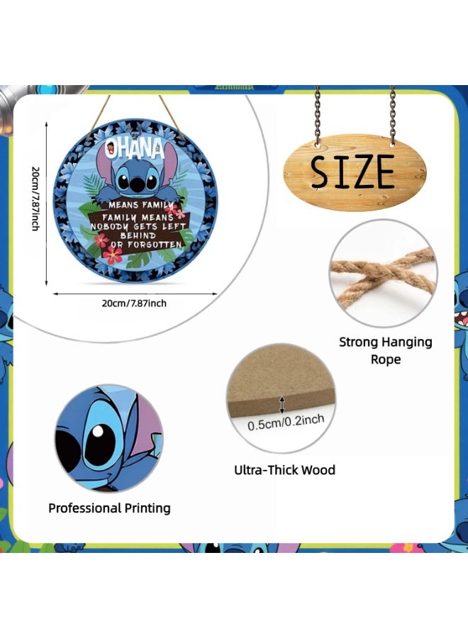 ILovhaprty Lilo & Stitch Wooden Welcome Sign for Front Door – 20×20 cm Round Hanging Plaque with Strong Rope, Ohana Family Quote Wall Decor for Home, Porch, Bedroom & Entryway - Image 2