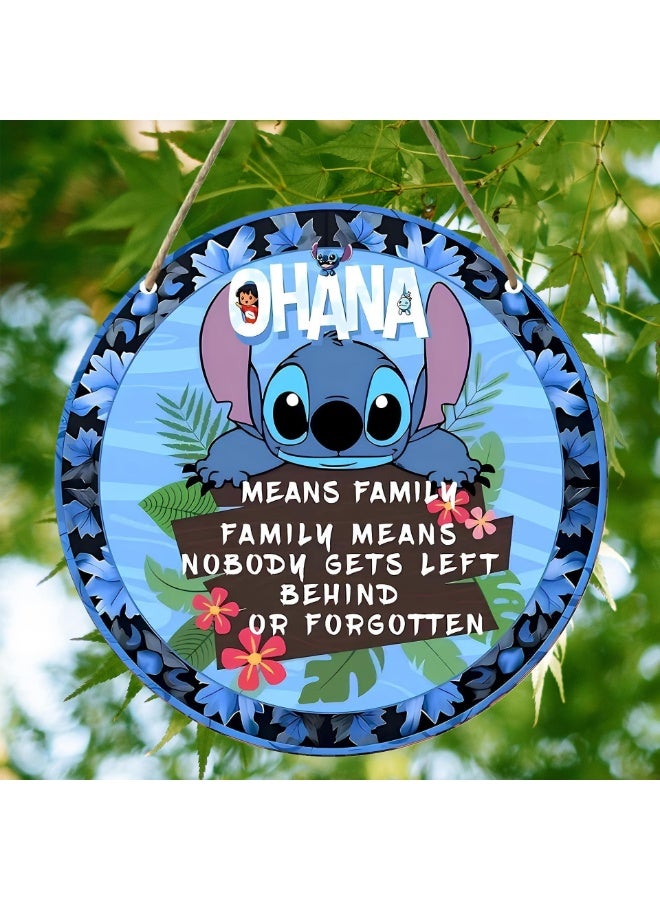 ILovhaprty Lilo & Stitch Wooden Welcome Sign for Front Door – 20×20 cm Round Hanging Plaque with Strong Rope, Ohana Family Quote Wall Decor for Home, Porch, Bedroom & Entryway - Image 3