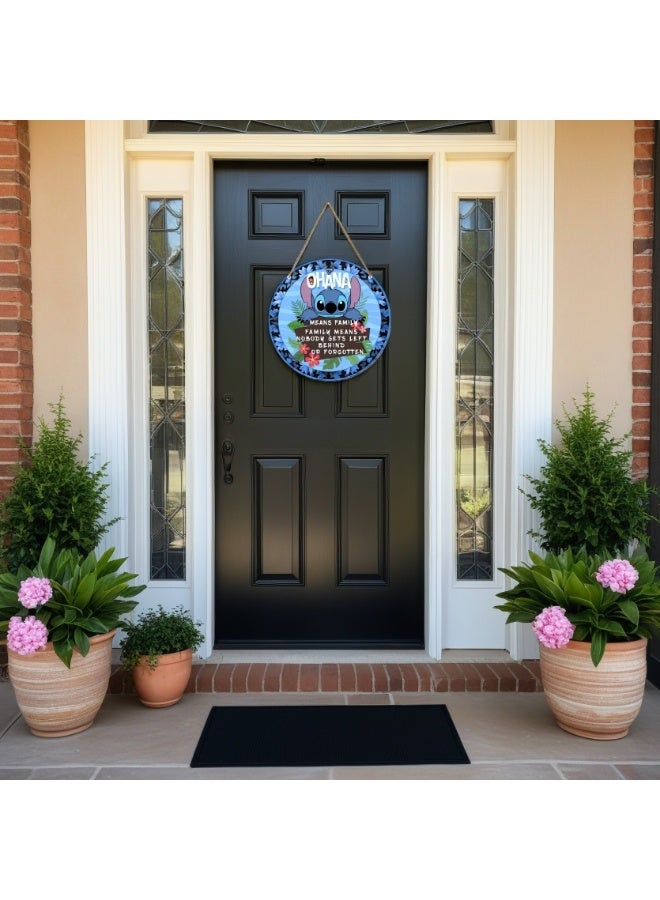 ILovhaprty Lilo & Stitch Wooden Welcome Sign for Front Door – 20×20 cm Round Hanging Plaque with Strong Rope, Ohana Family Quote Wall Decor for Home, Porch, Bedroom & Entryway - Image 4