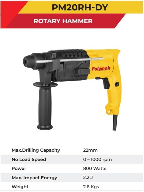 Polymak 800W Rotary Hammer Drill | 22 mm | Heavy-Duty Drilling & Chiseling Tool | 1000 RPM | 2.2 J Impact Energy | Quick-Change System | Lightweight 2.6 kg | Soft-Grip Handle | 6-Month Warranty|Yellow - Image 2