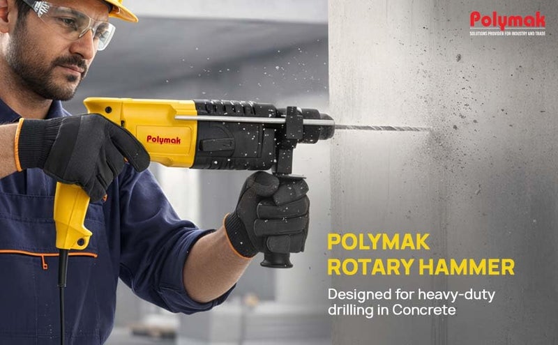 Polymak 800W Rotary Hammer Drill | 22 mm | Heavy-Duty Drilling & Chiseling Tool | 1000 RPM | 2.2 J Impact Energy | Quick-Change System | Lightweight 2.6 kg | Soft-Grip Handle | 6-Month Warranty|Yellow - Image 4