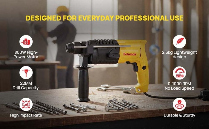 Polymak 800W Rotary Hammer Drill | 22 mm | Heavy-Duty Drilling & Chiseling Tool | 1000 RPM | 2.2 J Impact Energy | Quick-Change System | Lightweight 2.6 kg | Soft-Grip Handle | 6-Month Warranty|Yellow - Image 5