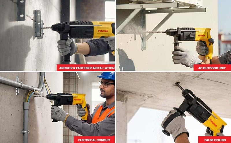 Polymak 800W Rotary Hammer Drill | 22 mm | Heavy-Duty Drilling & Chiseling Tool | 1000 RPM | 2.2 J Impact Energy | Quick-Change System | Lightweight 2.6 kg | Soft-Grip Handle | 6-Month Warranty|Yellow - Image 3