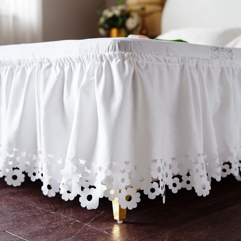 ARTABLE Lace Bed Skirts Wrap Around Ruffled Bed Scarf Elastic Dust with Adjustable Belts 15 Inch Drop Twin Queen King Size Lace Trimmed Bed Skirt (Offwhite C, King (78 x 80'')-15 Inch Drop) - Image 1