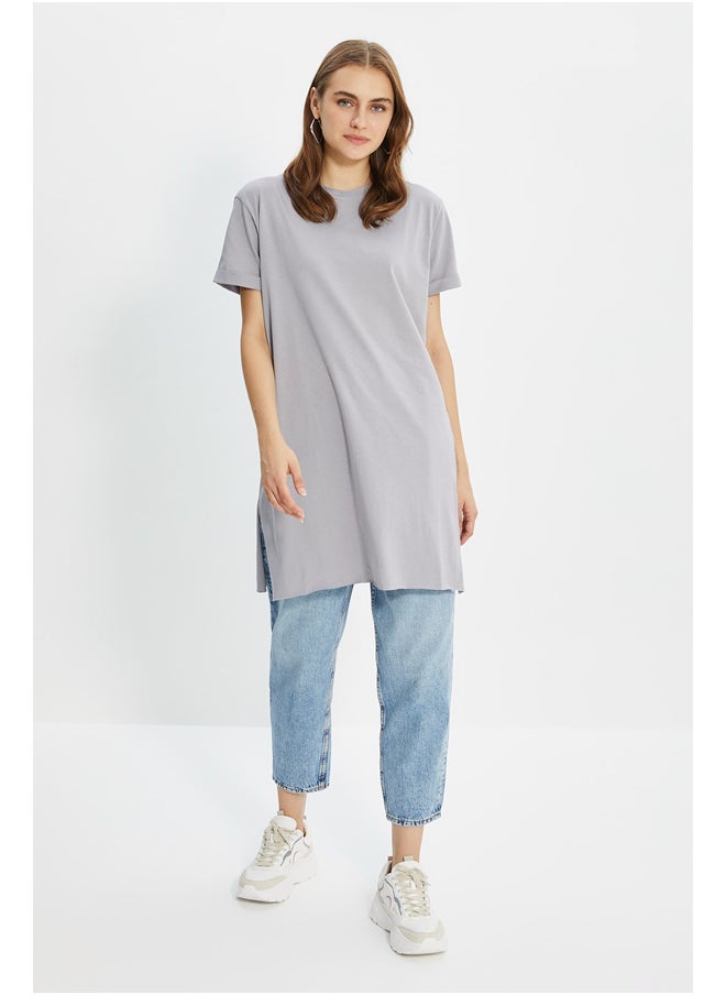 trendyol Gray 100% Cotton Basic Short Sleeves Slit Single Jersey T-Shirt TCTSS21TN0056  - Image 1
