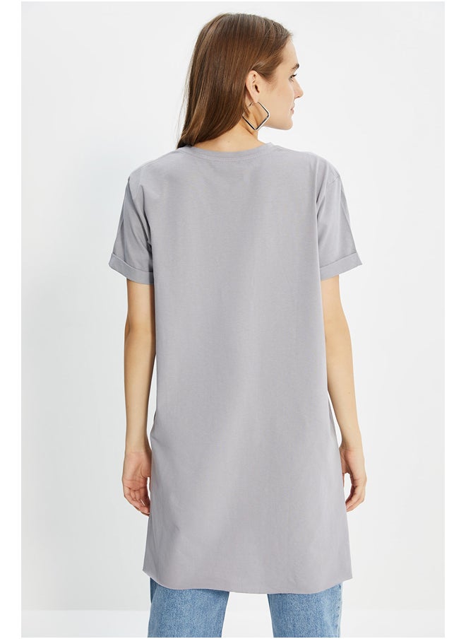 trendyol Gray 100% Cotton Basic Short Sleeves Slit Single Jersey T-Shirt TCTSS21TN0056  - Image 2