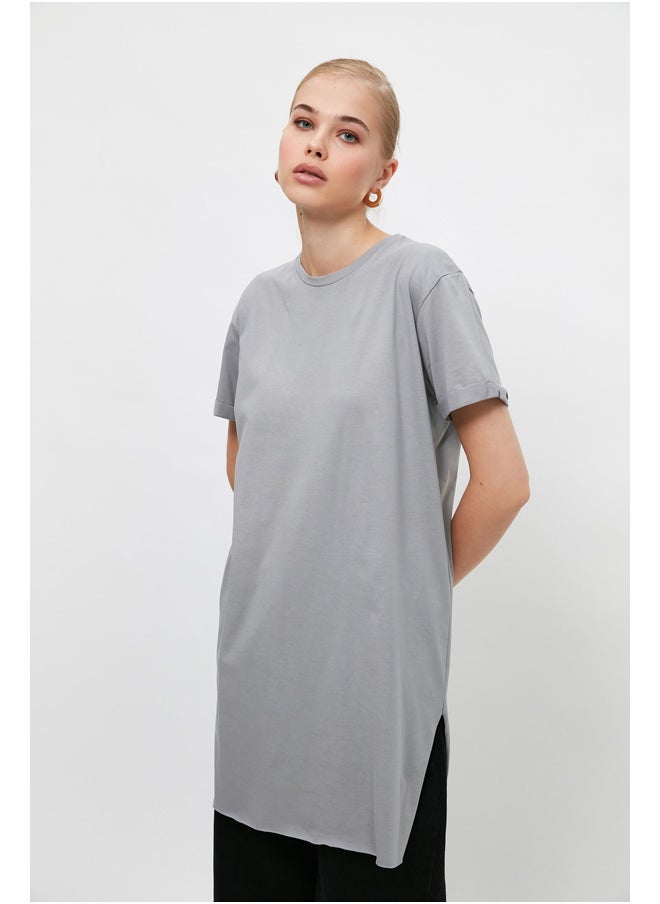 trendyol Gray 100% Cotton Basic Short Sleeves Slit Single Jersey T-Shirt TCTSS21TN0056  - Image 5