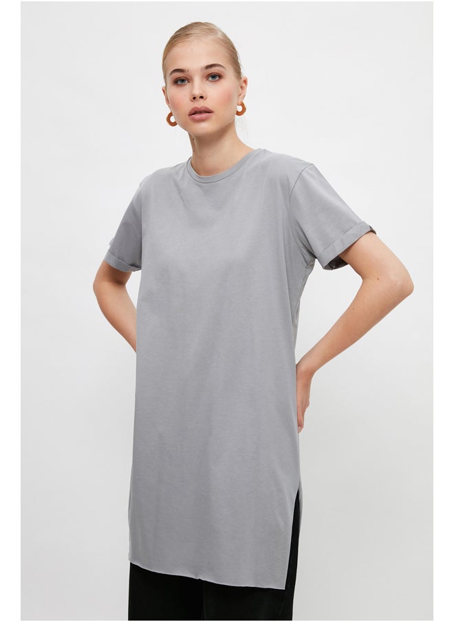 trendyol Gray 100% Cotton Basic Short Sleeves Slit Single Jersey T-Shirt TCTSS21TN0056  - Image 3