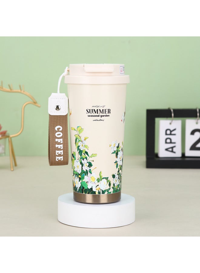 New Fashion 316 Stainless Steel Thermos Cup High Color Value Lily Orchid Double Drink Coffee Cup With Rope Business Gift