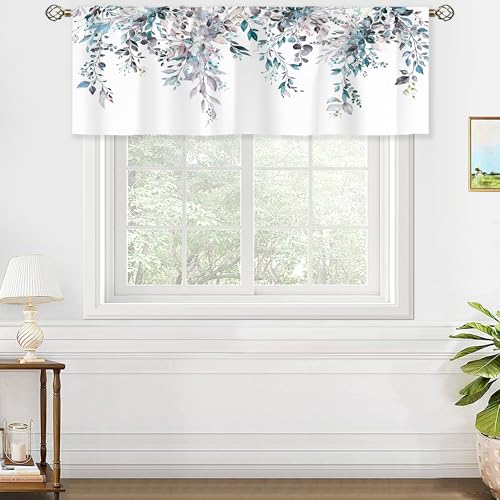 oolygoo Blue Grey Valances Kitchen Curtains Watercolor Eucalyptus Botanical Leaves Flower Window Drapes Floral Plants Bedroom Bathroom Living Room Treatment Tier 1 Panel 52Wx18H Inch - Image 4