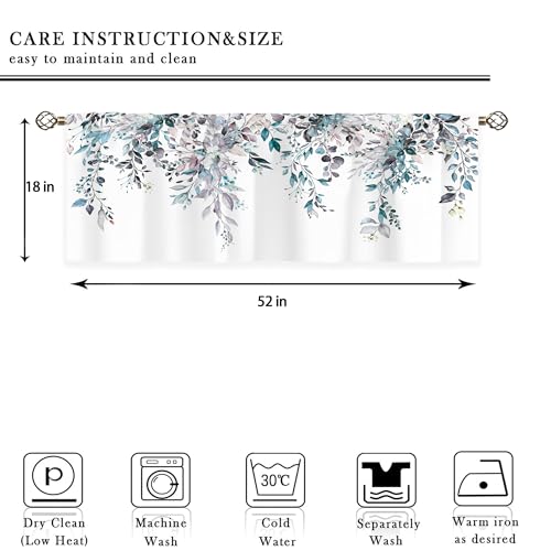 oolygoo Blue Grey Valances Kitchen Curtains Watercolor Eucalyptus Botanical Leaves Flower Window Drapes Floral Plants Bedroom Bathroom Living Room Treatment Tier 1 Panel 52Wx18H Inch - Image 2